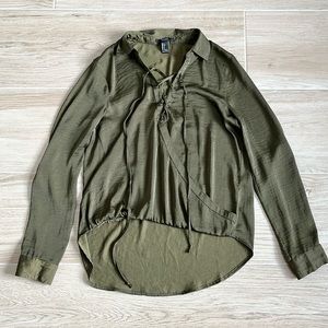 Forever 21 Faux Wrap Long Sleeve Lace Up Green Shirt